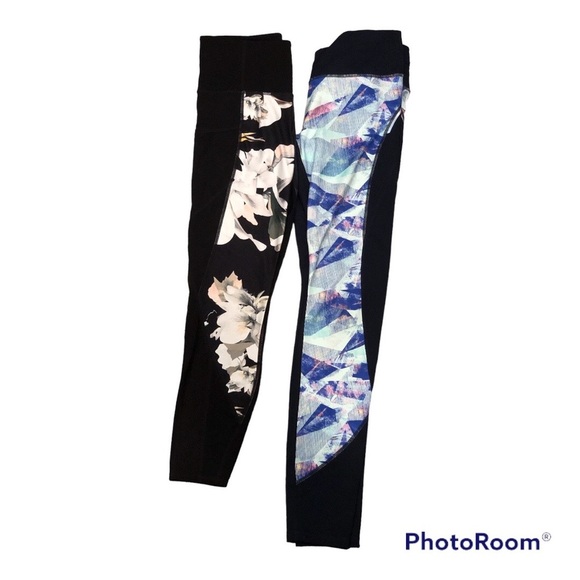 Athleta Blue Luminous Powder Peak & Black floral leggings Both size Small - Picture 1 of 8